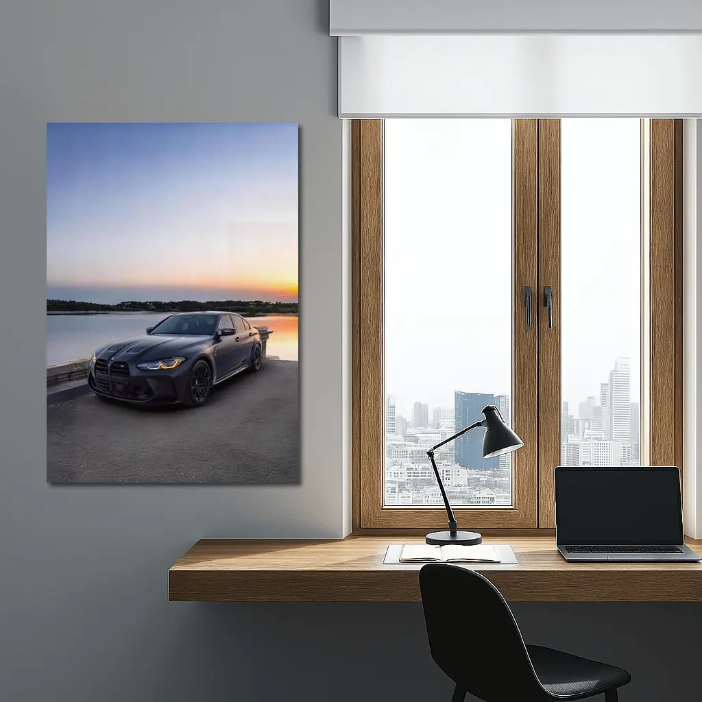 BMW M3 F80 Matte Black Sedan by Lake at Sunset – Wall Art