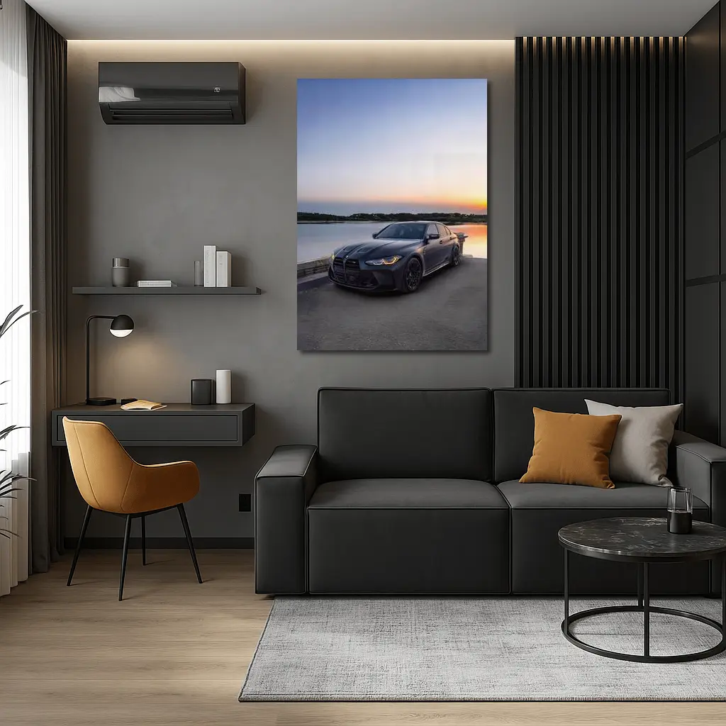 BMW M3 F80 Matte Black Sedan by Lake at Sunset – Wall Art