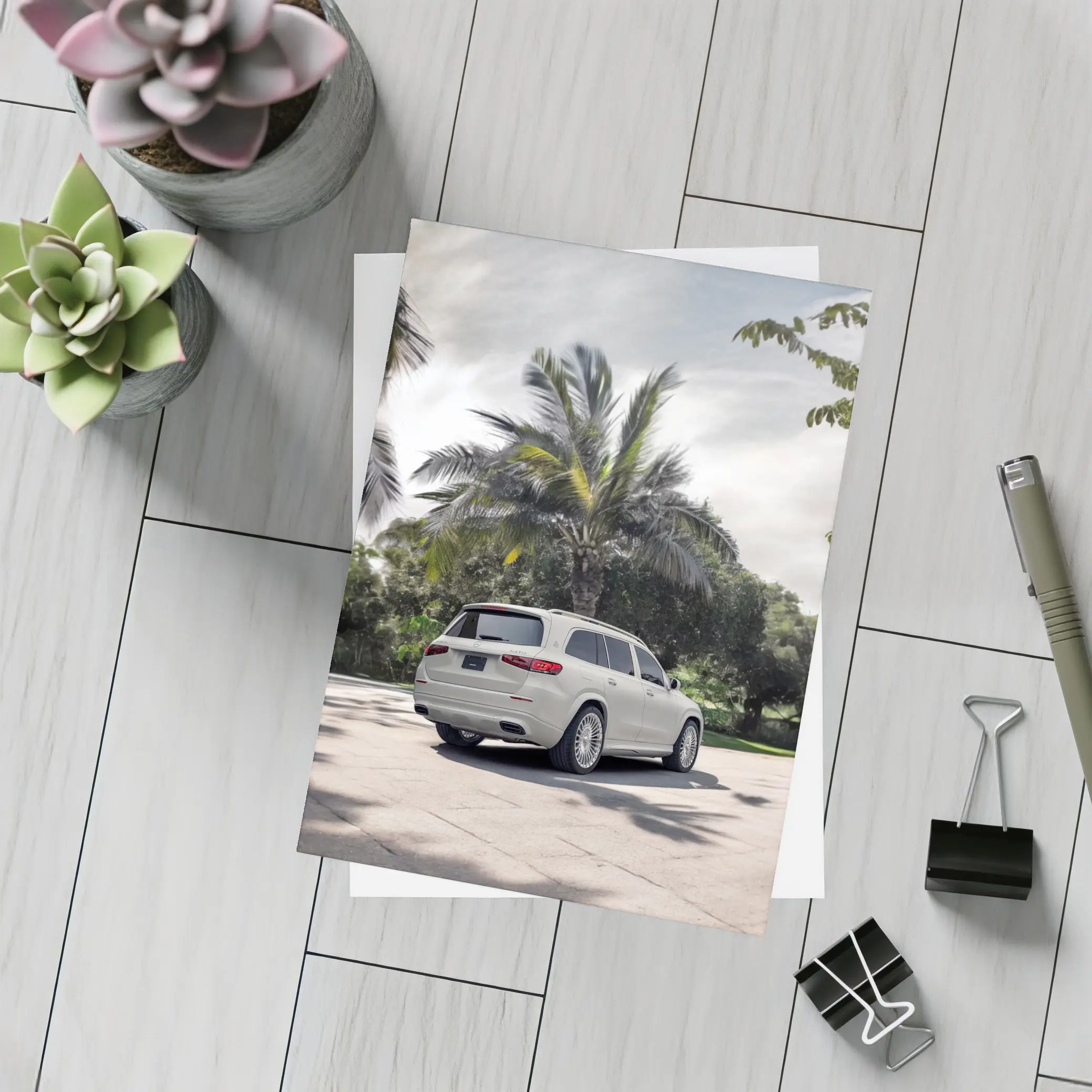 Mercedes Maybach GLS White Palm Trees Background – Postcards