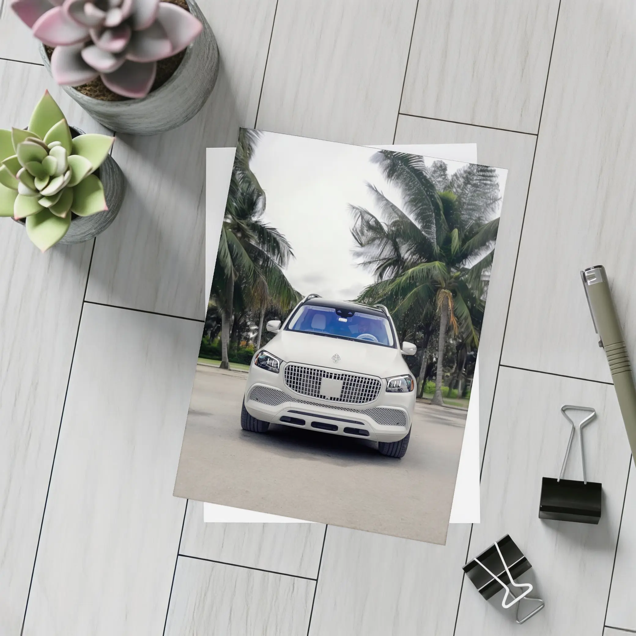 Mercedes Maybach GLS White Palm Trees Background – Postcards