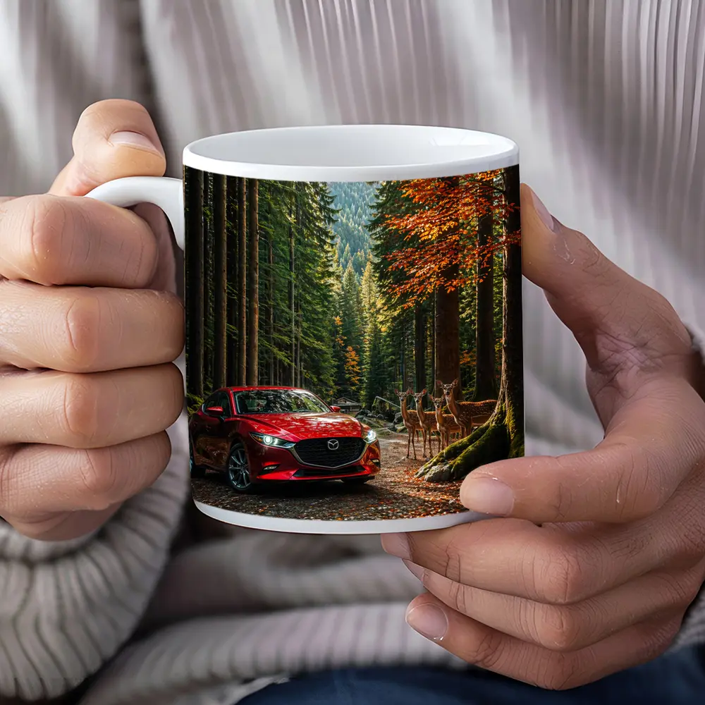 Mazda 3 Red Sedan Forest Road – Mugs