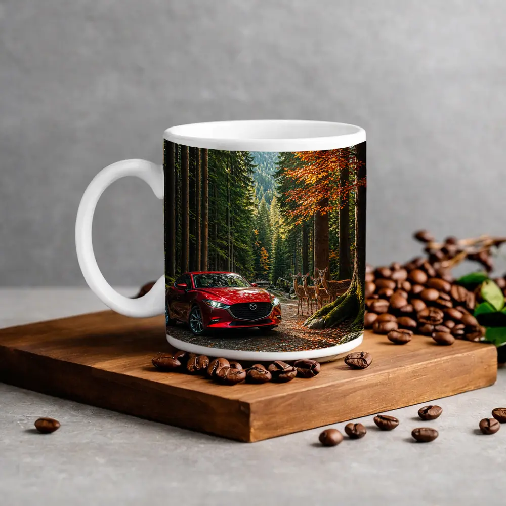 Mazda 3 Red Sedan Forest Road – Mugs