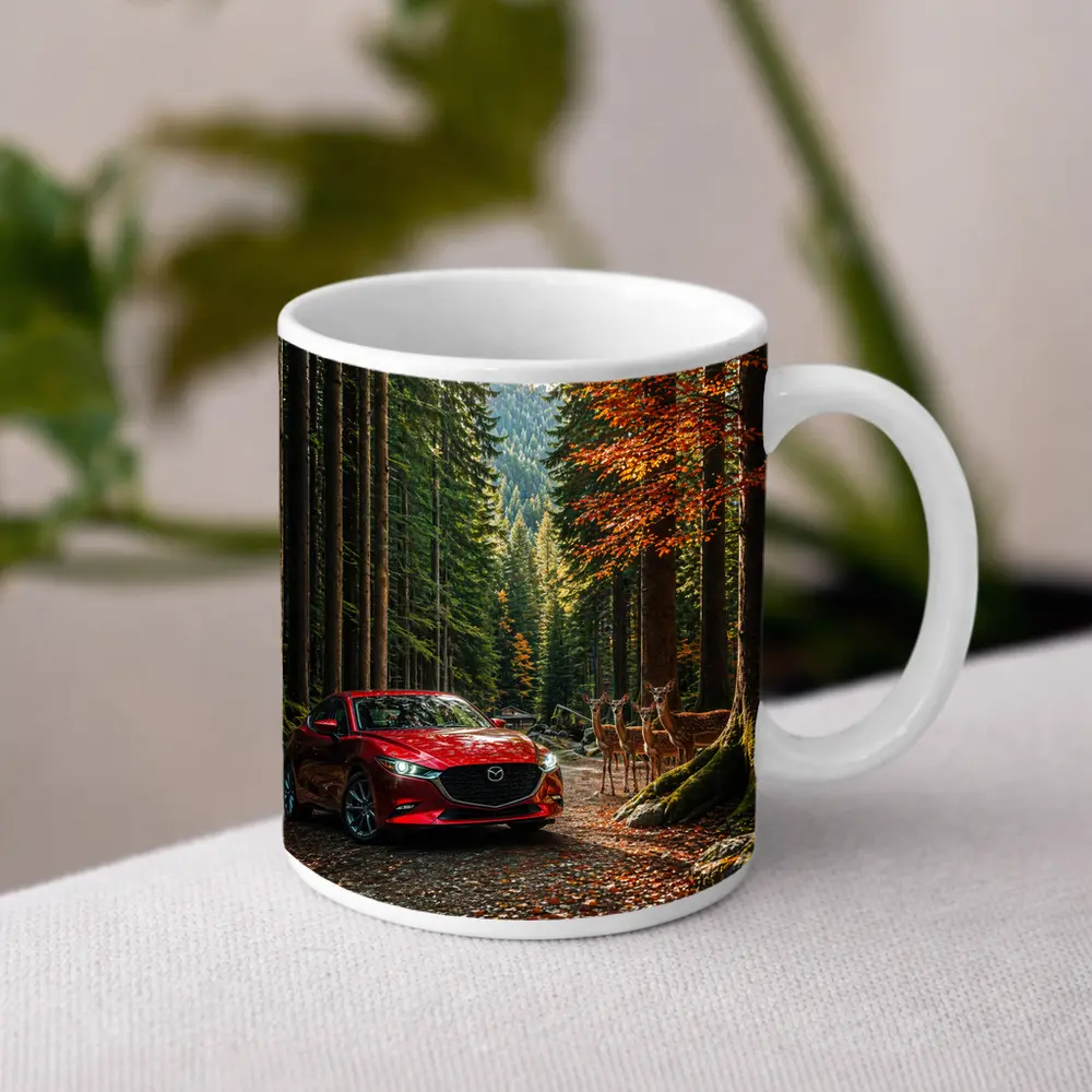 Mazda 3 Red Sedan Forest Road – Mugs