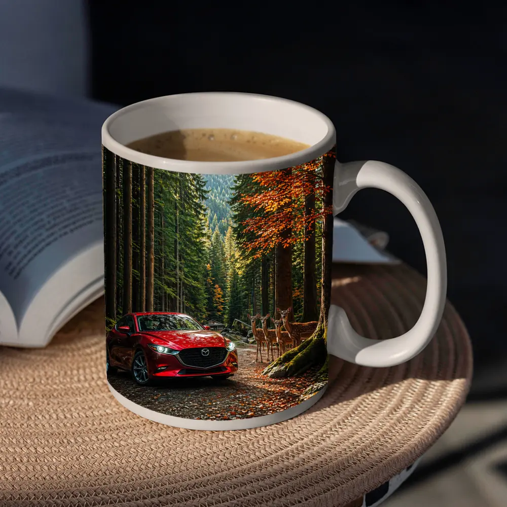 Mazda 3 Red Sedan Forest Road – Mugs