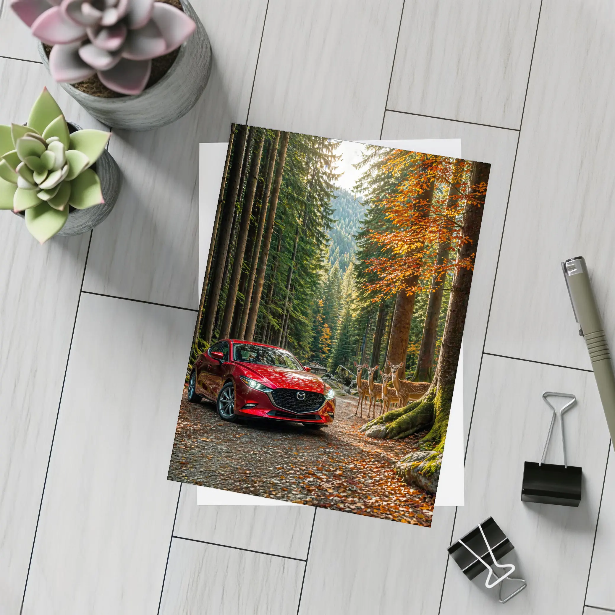 Mazda 3 Red Sedan Forest Road – Postcards