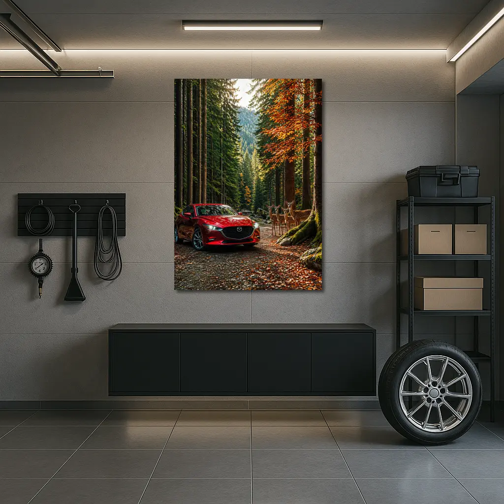 Mazda 3 Red Sedan Forest Road – Wall Art