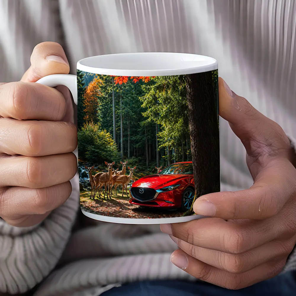Red Mazda 3 Parked in Autumn Forest – Mugs