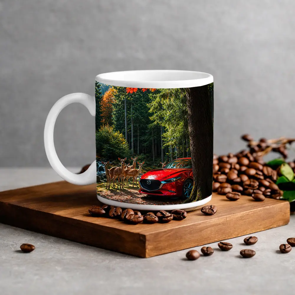 Red Mazda 3 Parked in Autumn Forest – Mugs