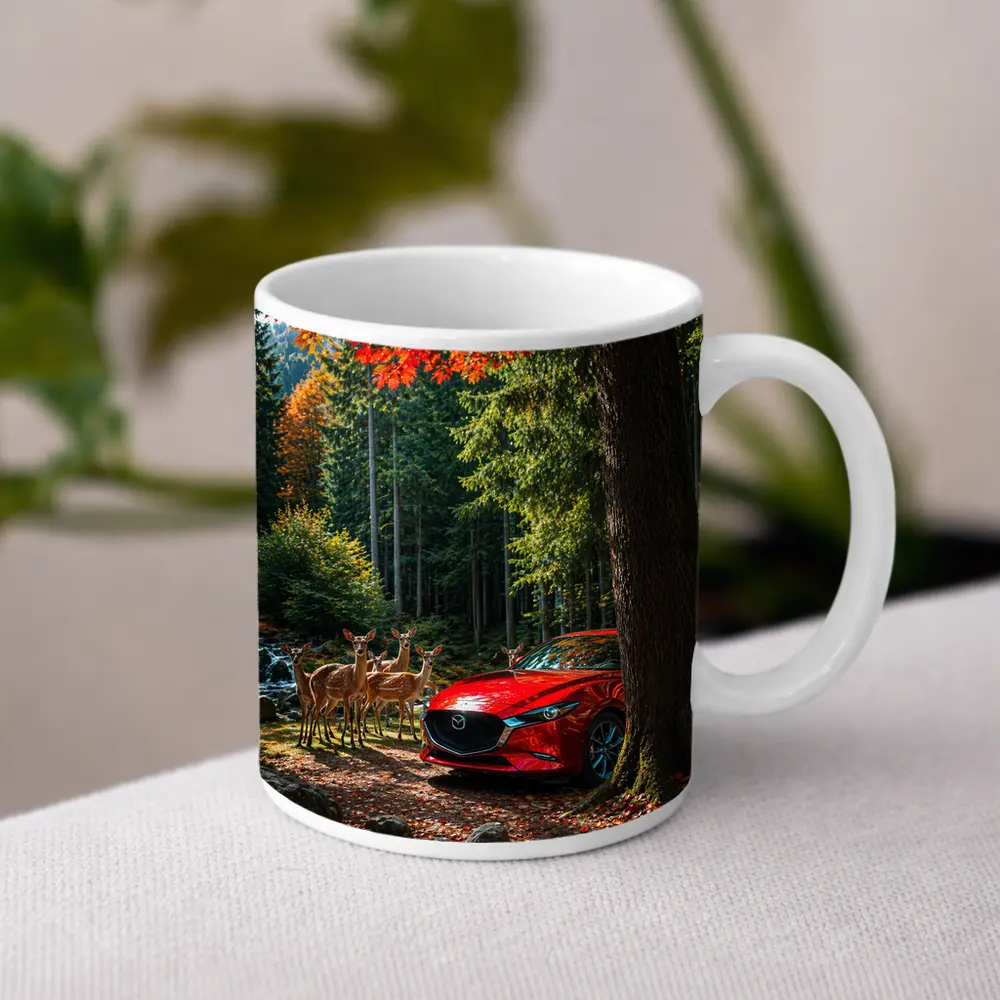 Red Mazda 3 Parked in Autumn Forest – Mugs