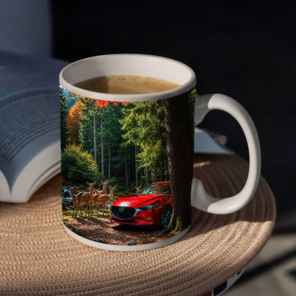 Red Mazda 3 Parked in Autumn Forest – Mugs