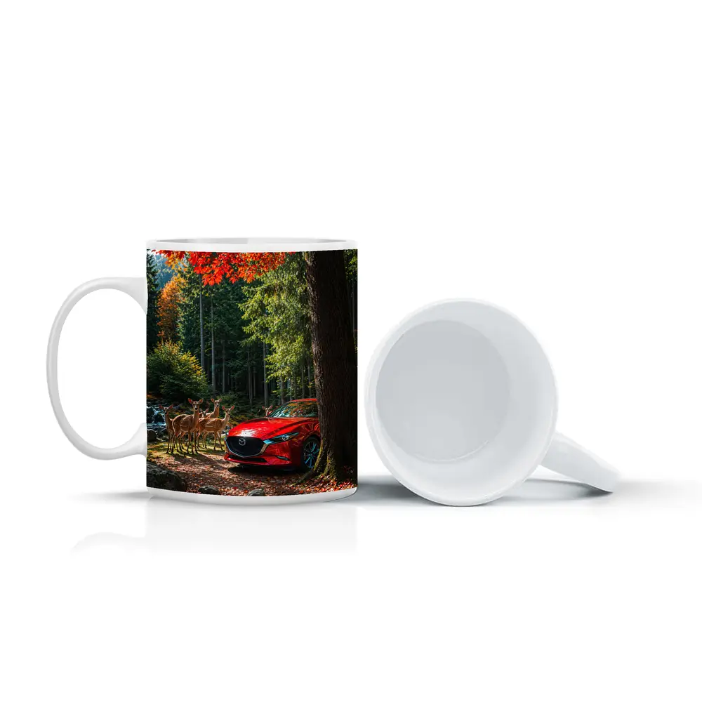 Red Mazda 3 Parked in Autumn Forest – Mugs