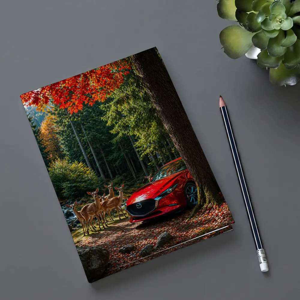 Red Mazda 3 Parked in Autumn Forest – Notebooks