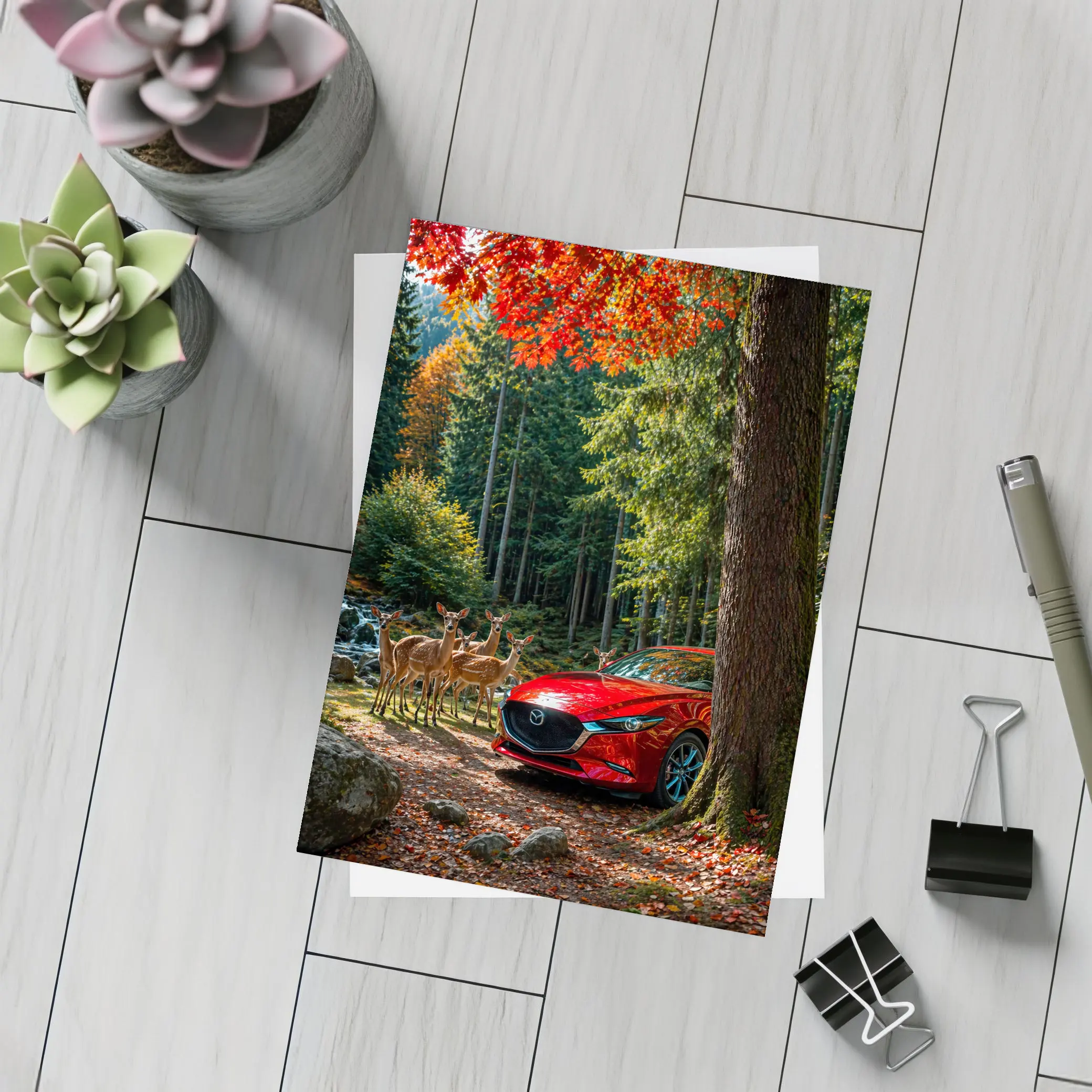 Red Mazda 3 Parked in Autumn Forest – Postcards