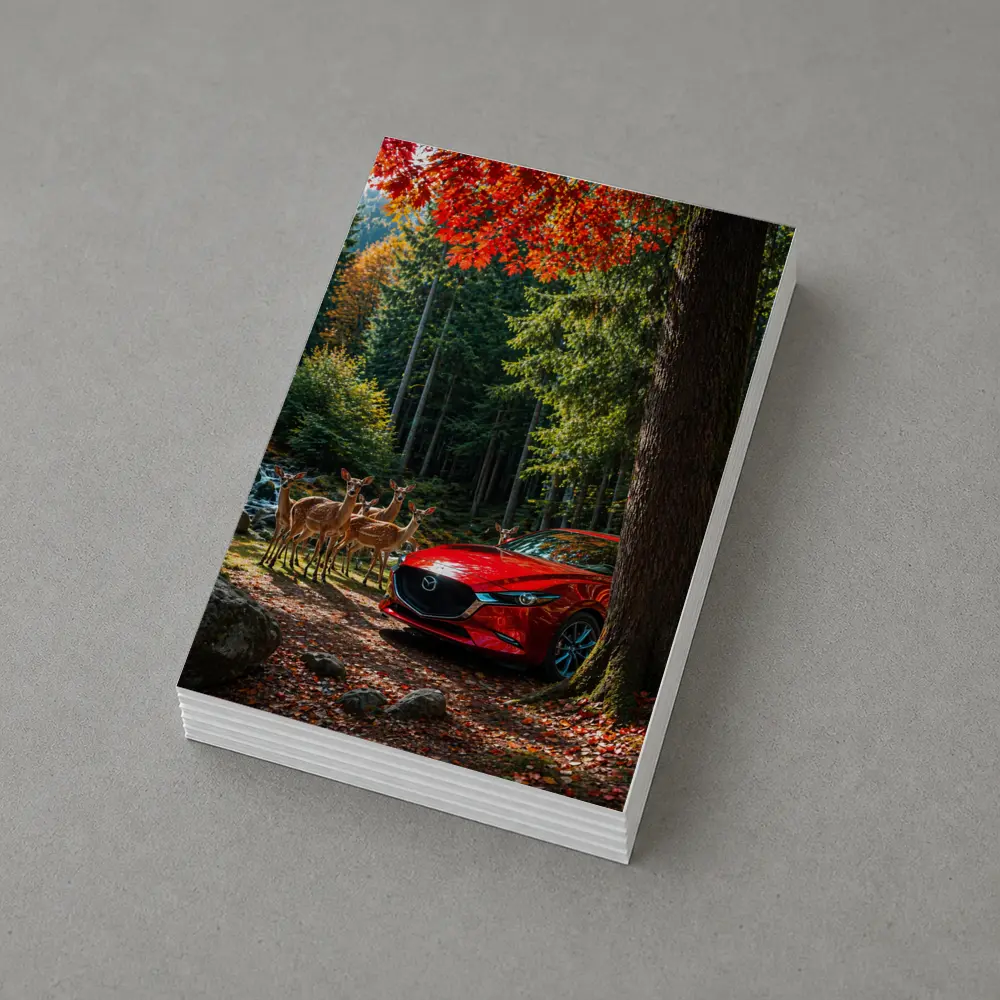 Red Mazda 3 Parked in Autumn Forest – Postcards