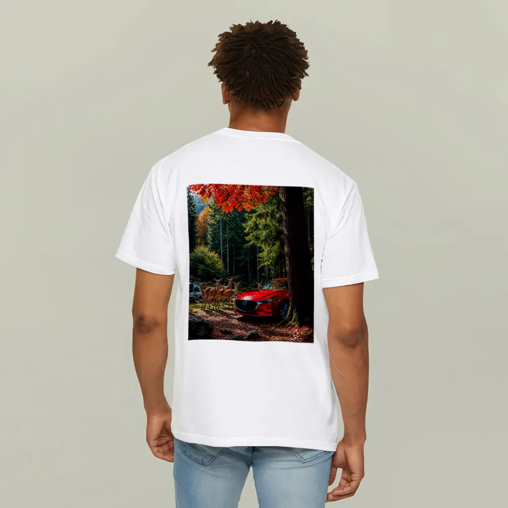 Red Mazda 3 Parked in Autumn Forest – T-Shirts