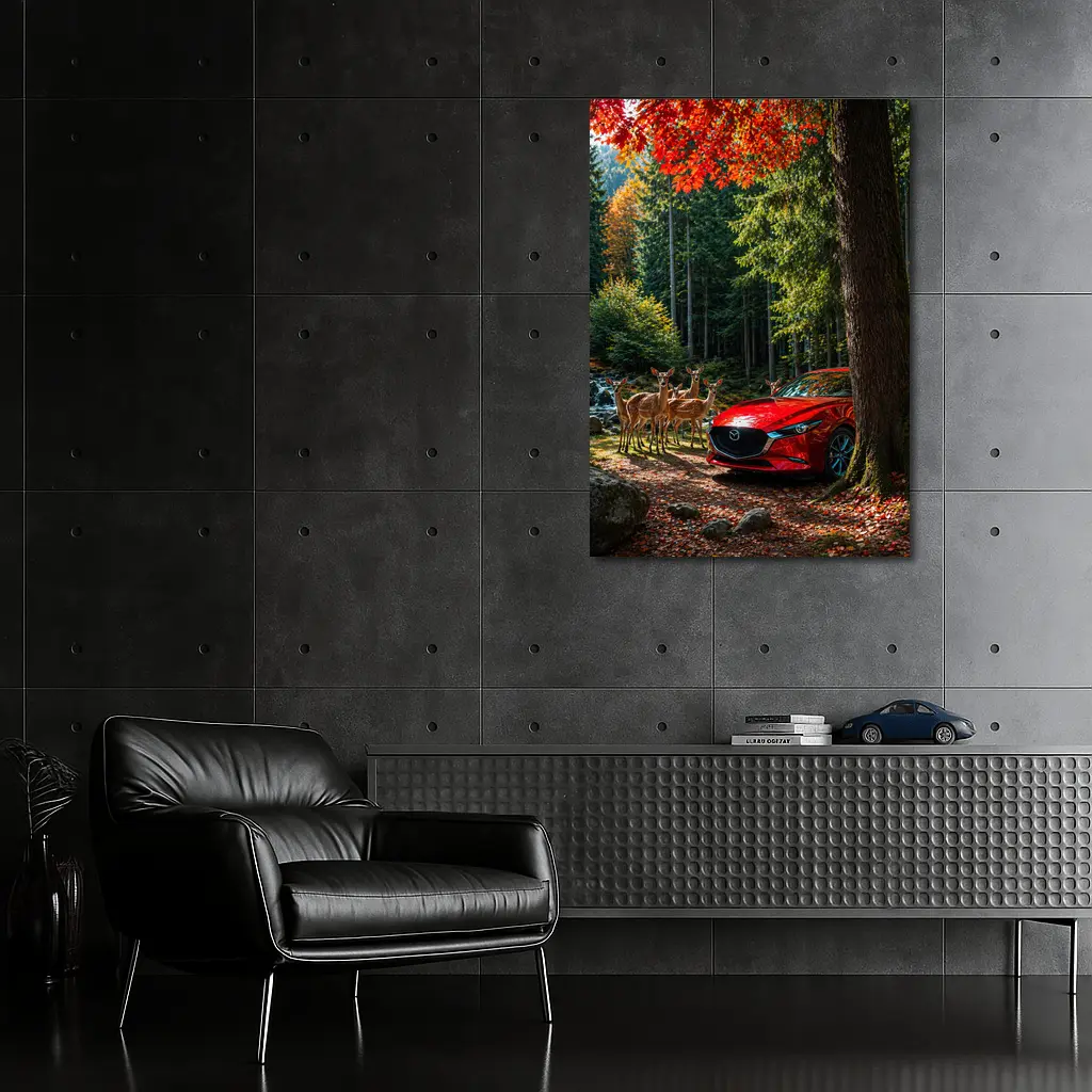 Red Mazda 3 Parked in Autumn Forest – Wall Art
