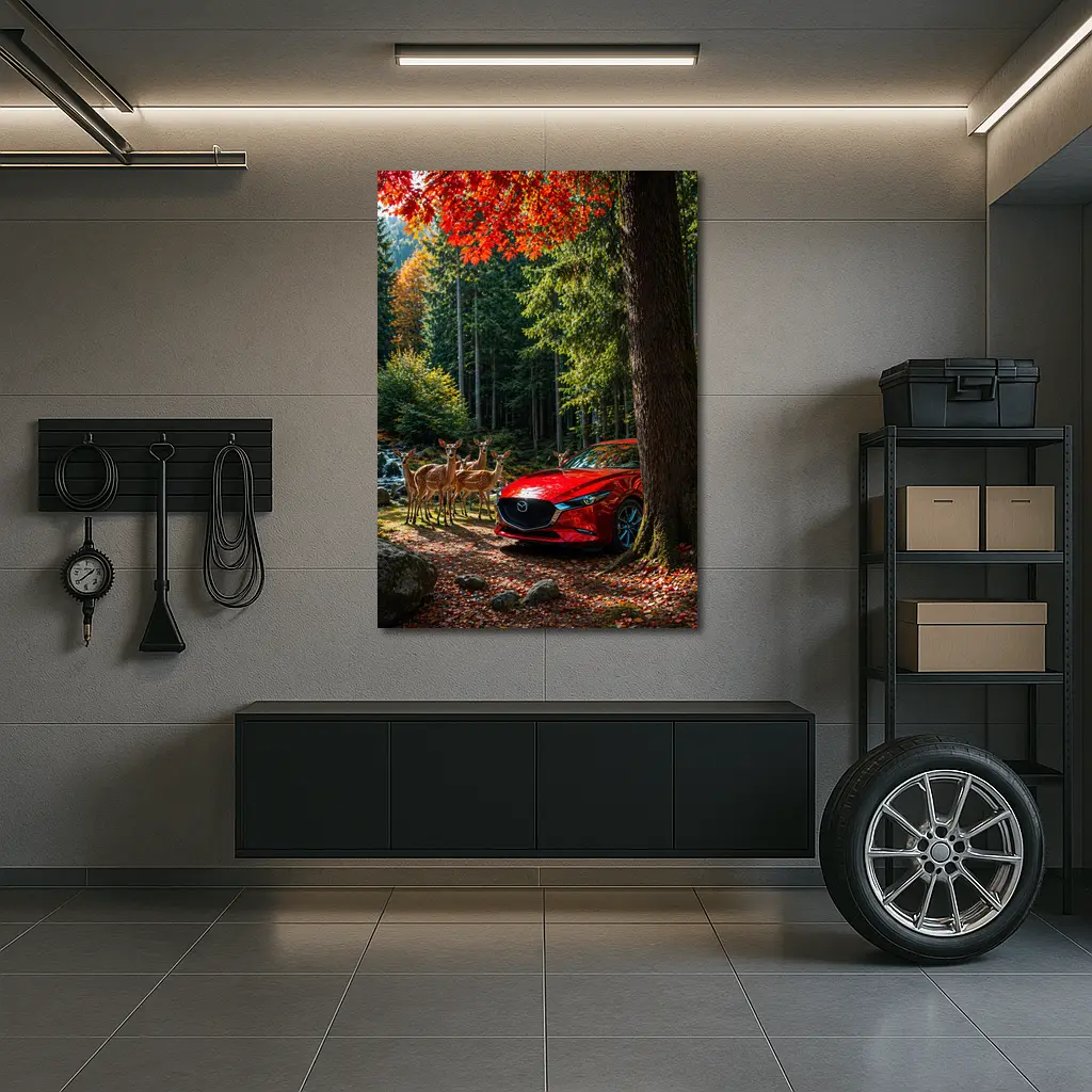 Red Mazda 3 Parked in Autumn Forest – Wall Art