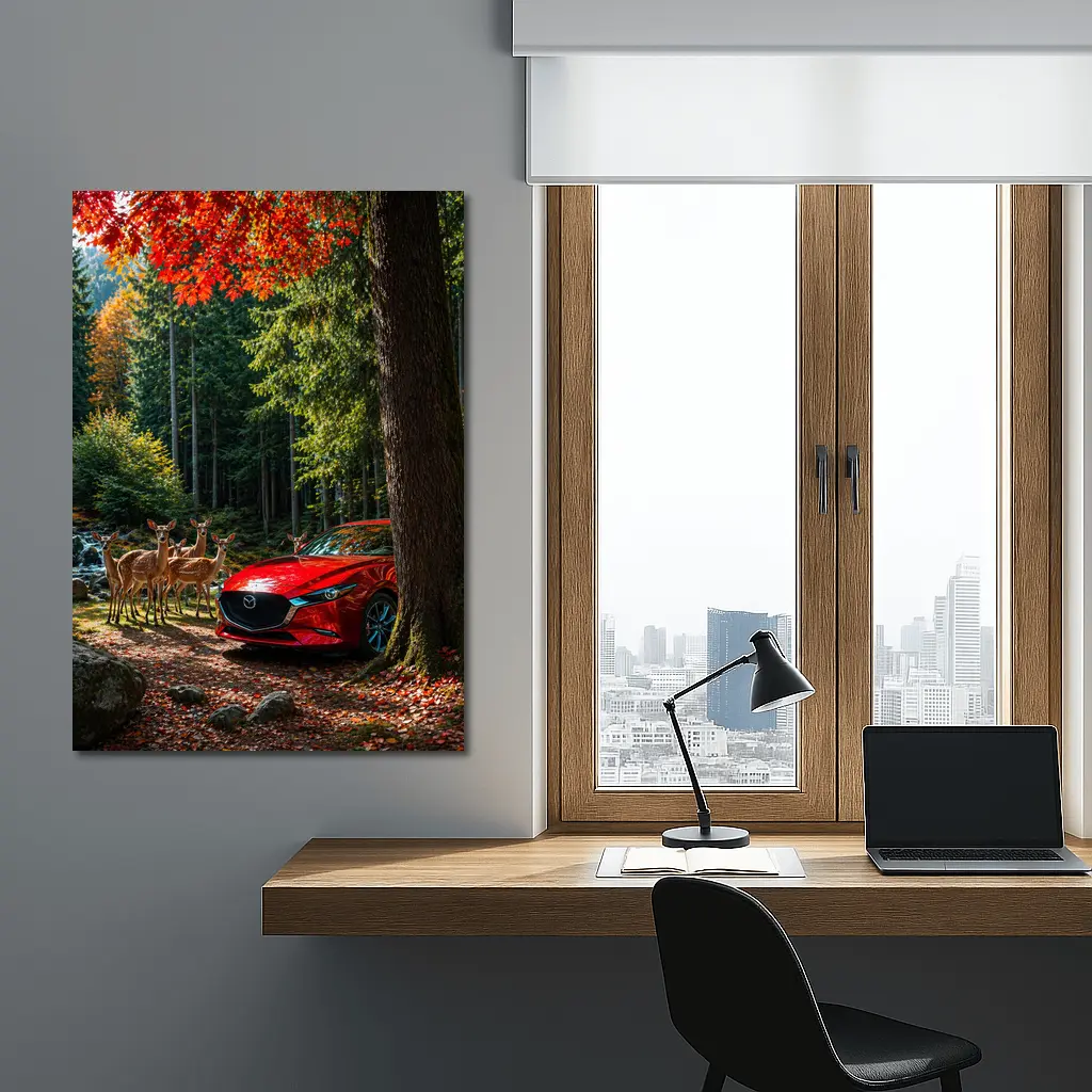 Red Mazda 3 Parked in Autumn Forest – Wall Art