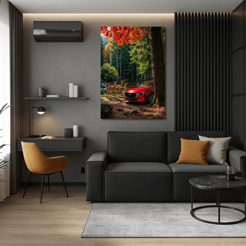 Red Mazda 3 Parked in Autumn Forest – Wall Art