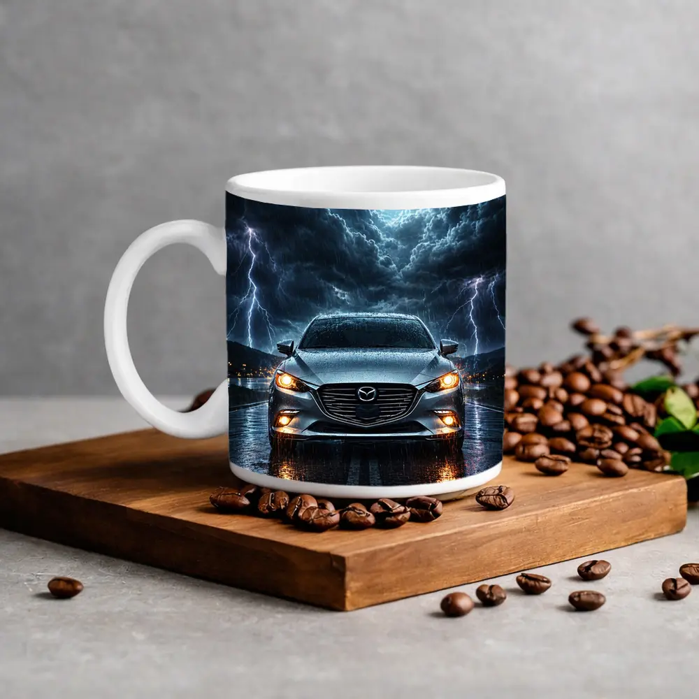 Mazda 3 Sedan Front View Thunderstorm Night – Mugs