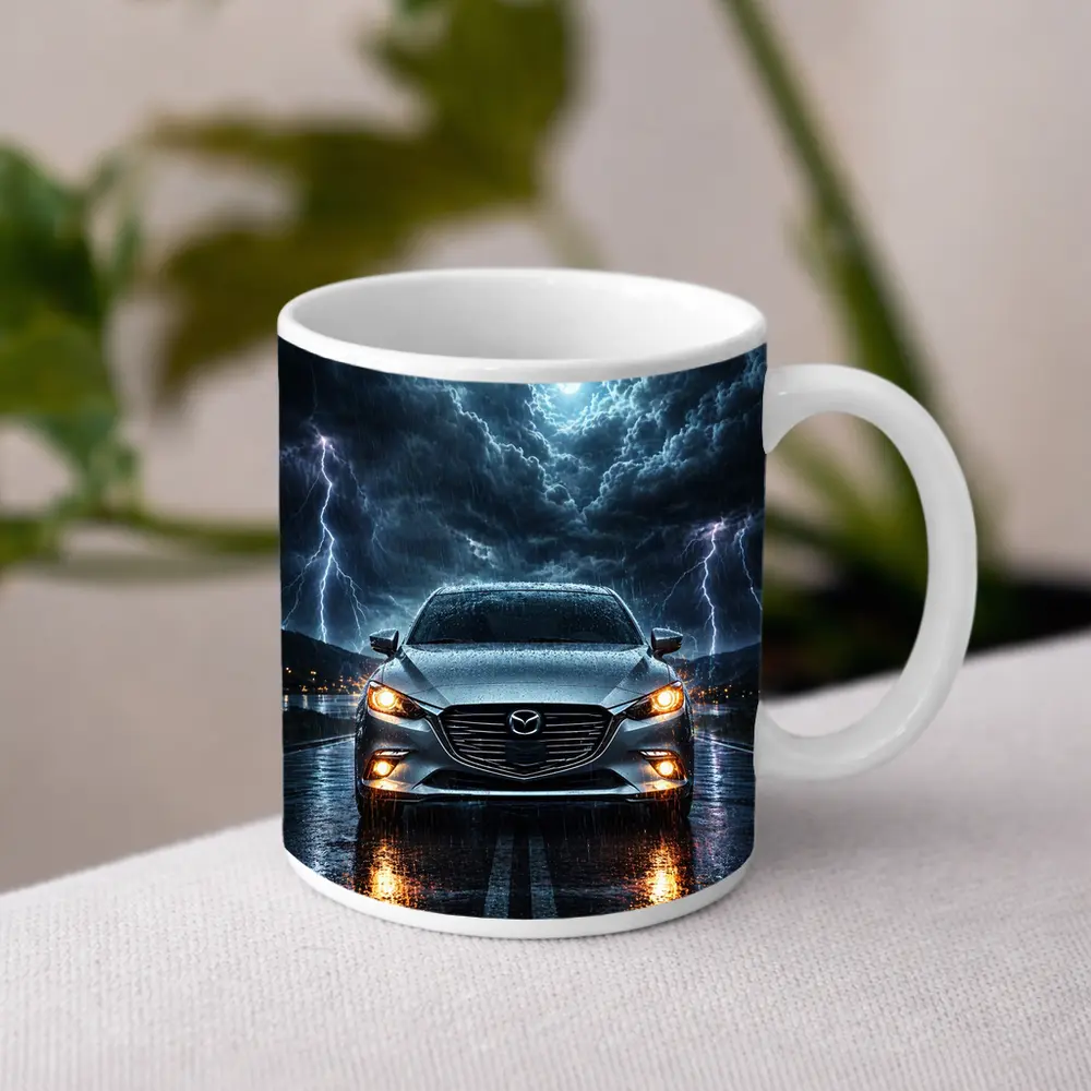 Mazda 3 Sedan Front View Thunderstorm Night – Mugs