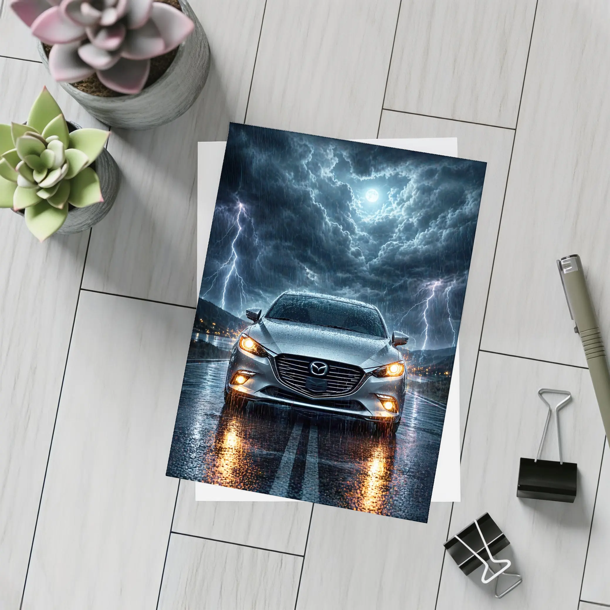 Mazda 3 Sedan Front View Thunderstorm Night – Postcards