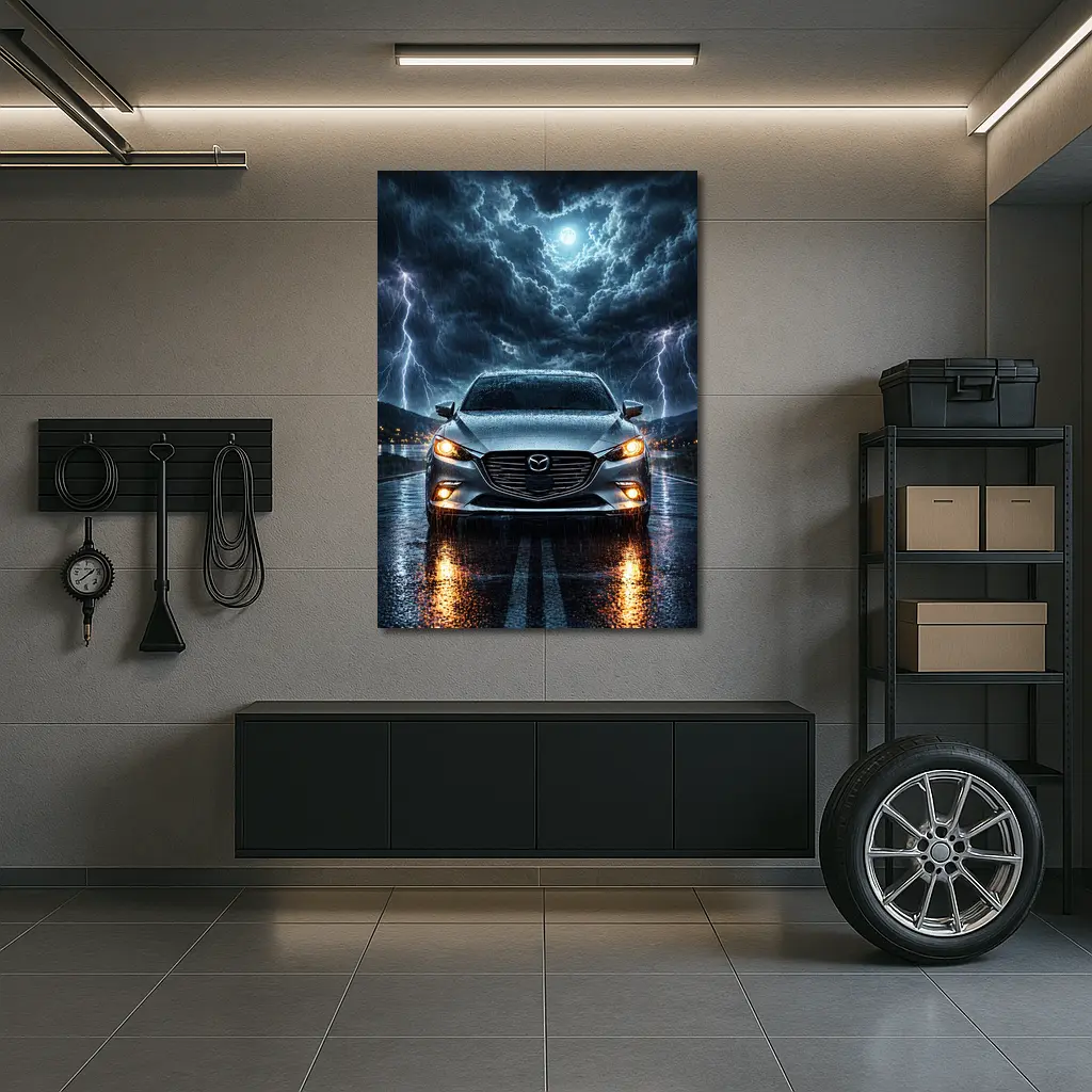 Mazda 3 Sedan Front View Thunderstorm Night – Wall Art