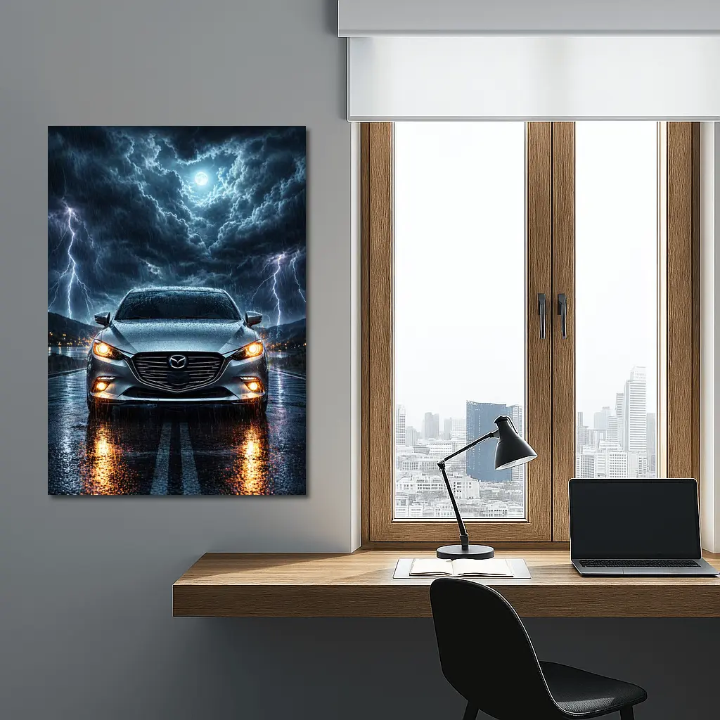 Mazda 3 Sedan Front View Thunderstorm Night – Wall Art