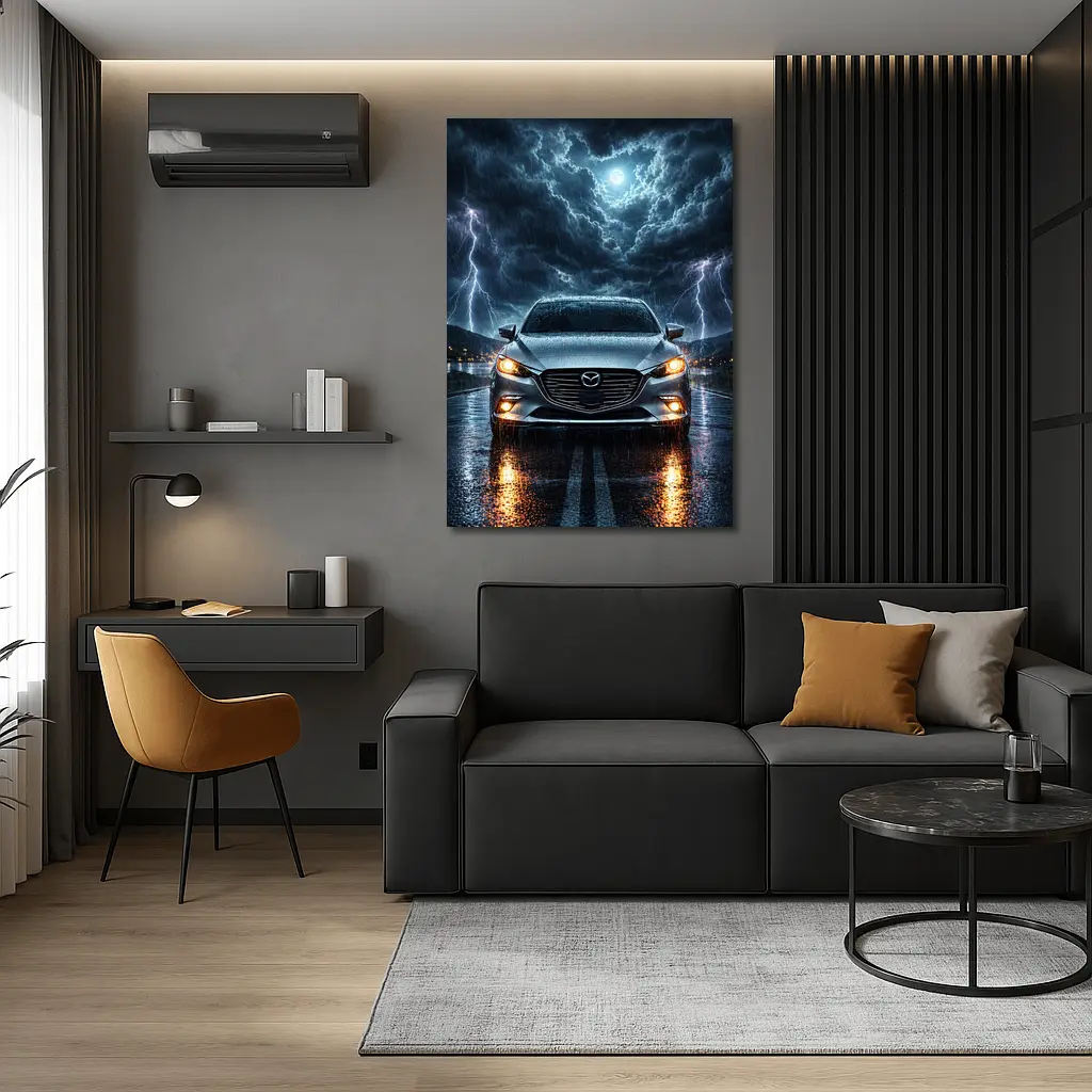 Mazda 3 Sedan Front View Thunderstorm Night – Wall Art