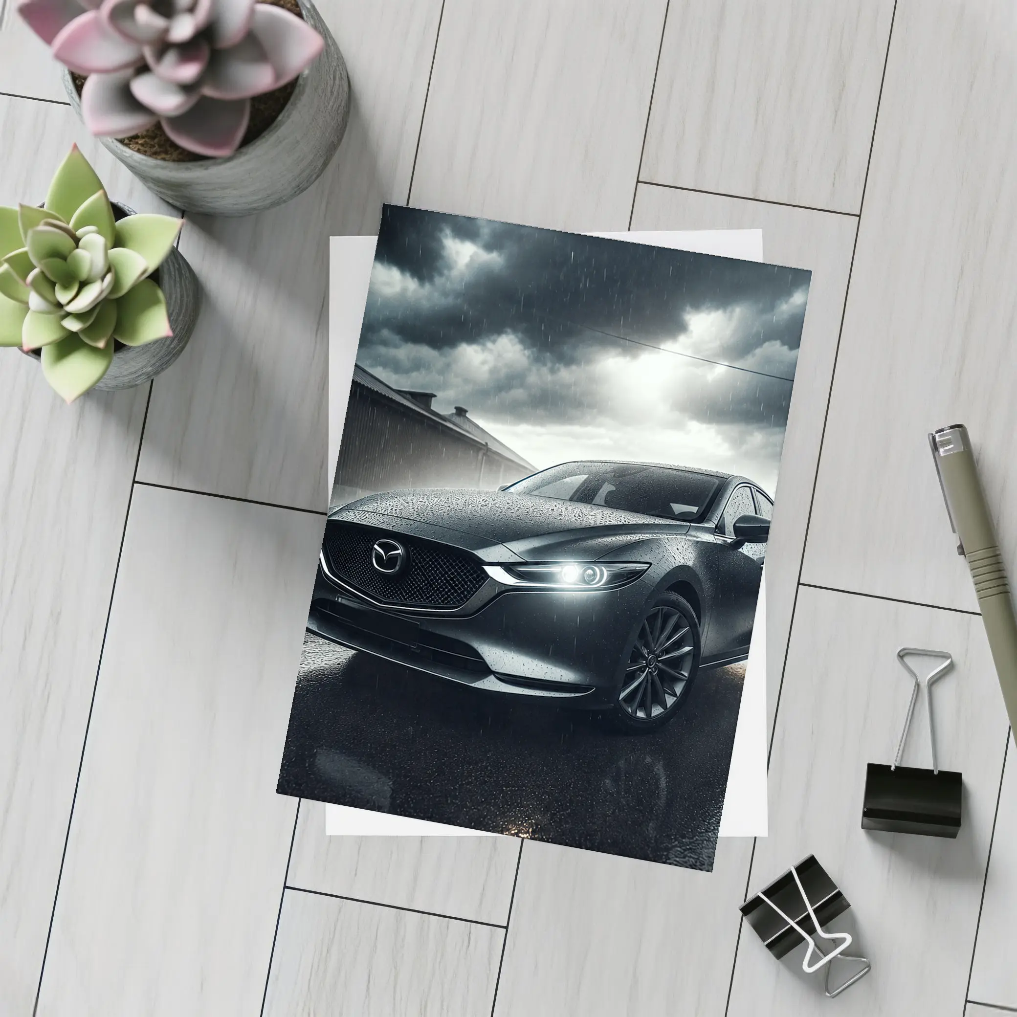 Mazda Six Sedan Rainy Street Dark Sky – Postcards