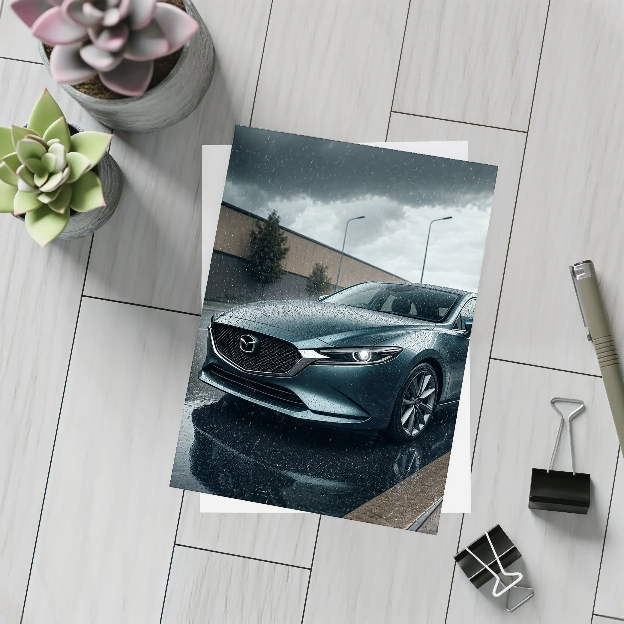 Mazda Six Sedan Rainy Street Dark Sky – Postcards