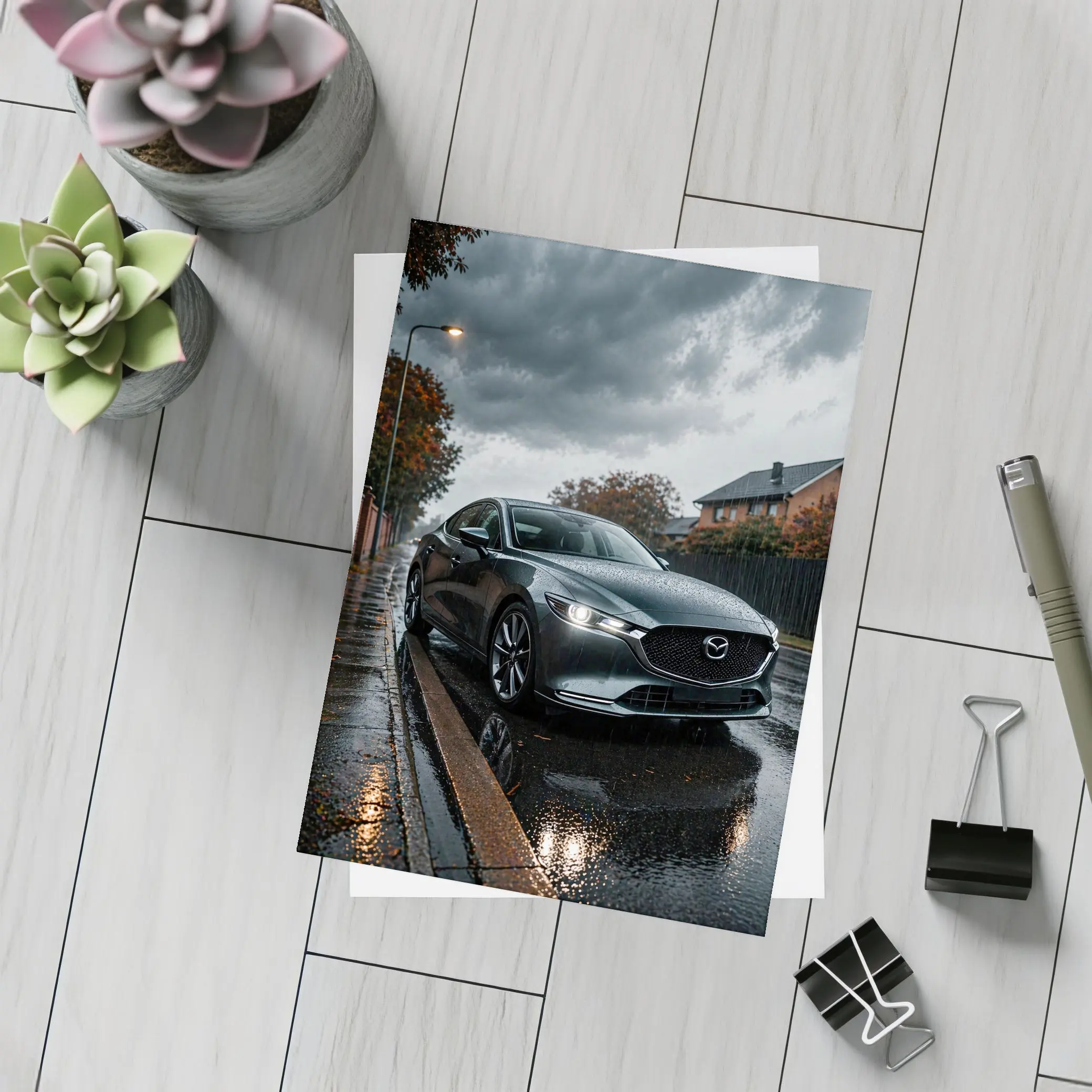 Mazda Six Sedan Wet Street Cloudy Day – Postcards