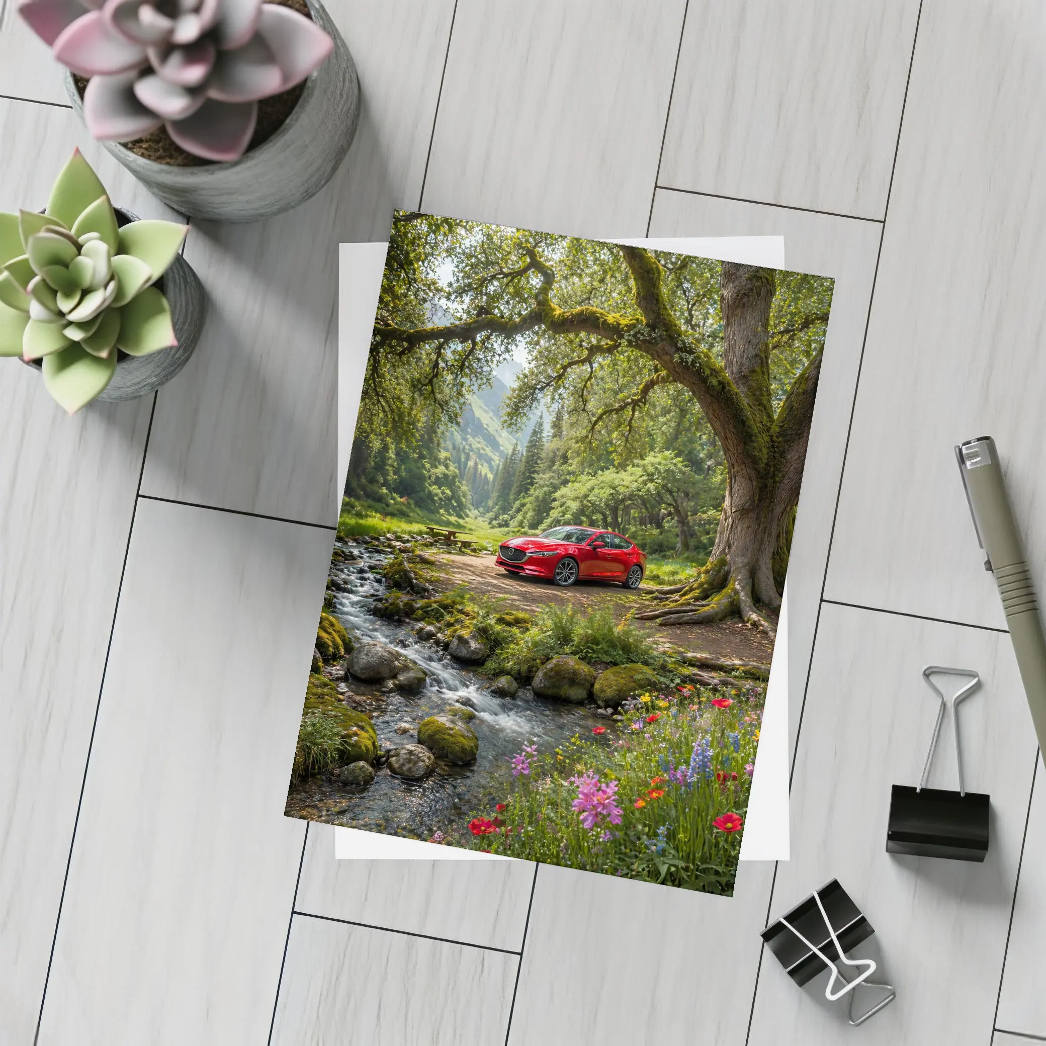 Red Mazda Six Forest Stream Nature Scene – Postcards