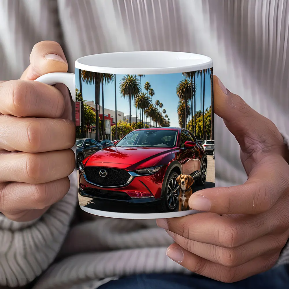 Red Mazda CX30 With Dog Palm Trees – Mugs