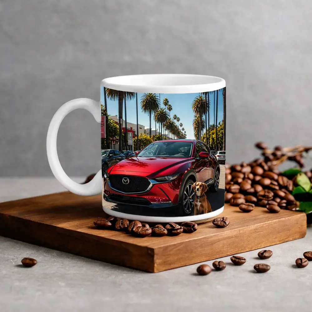 Red Mazda CX30 With Dog Palm Trees – Mugs