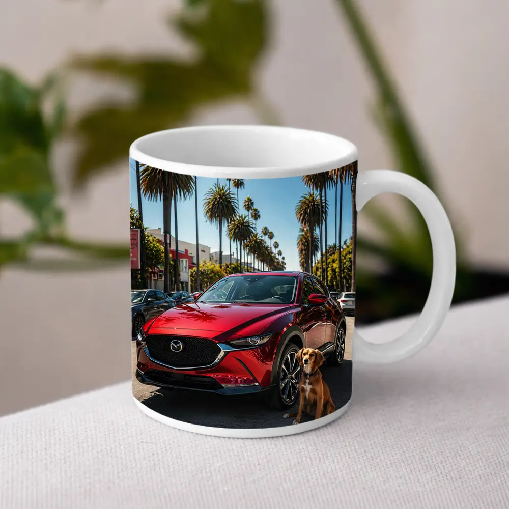 Red Mazda CX30 With Dog Palm Trees – Mugs