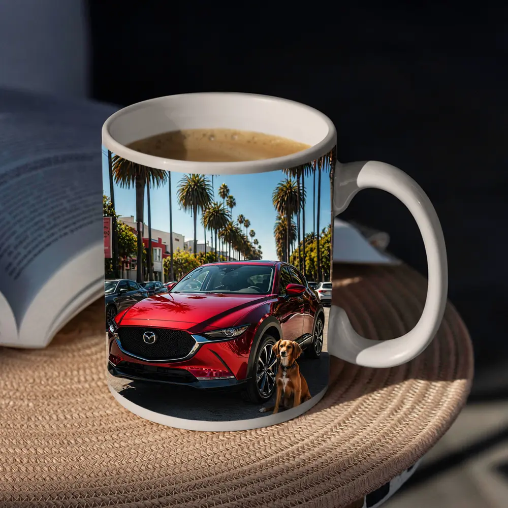 Red Mazda CX30 With Dog Palm Trees – Mugs