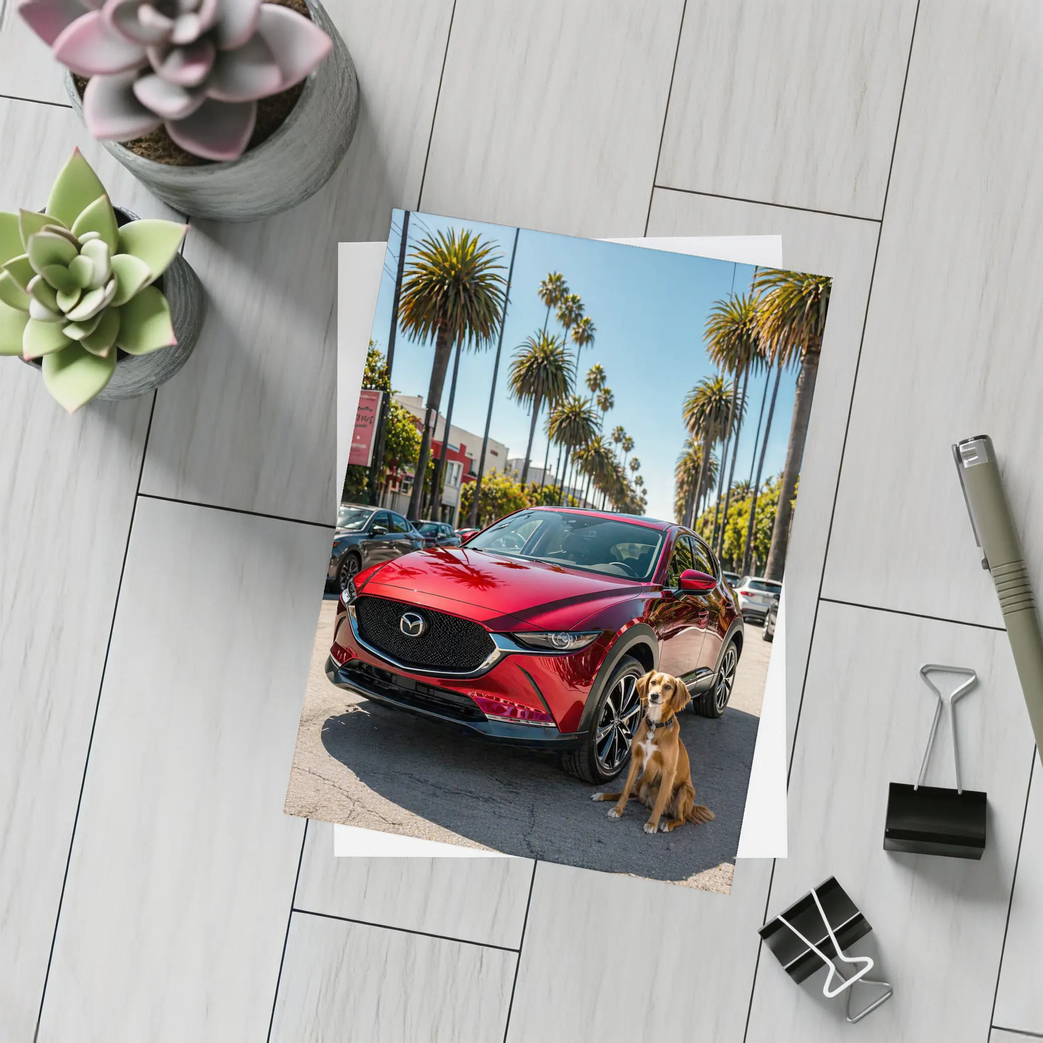 Red Mazda CX30 With Dog Palm Trees – Postcards