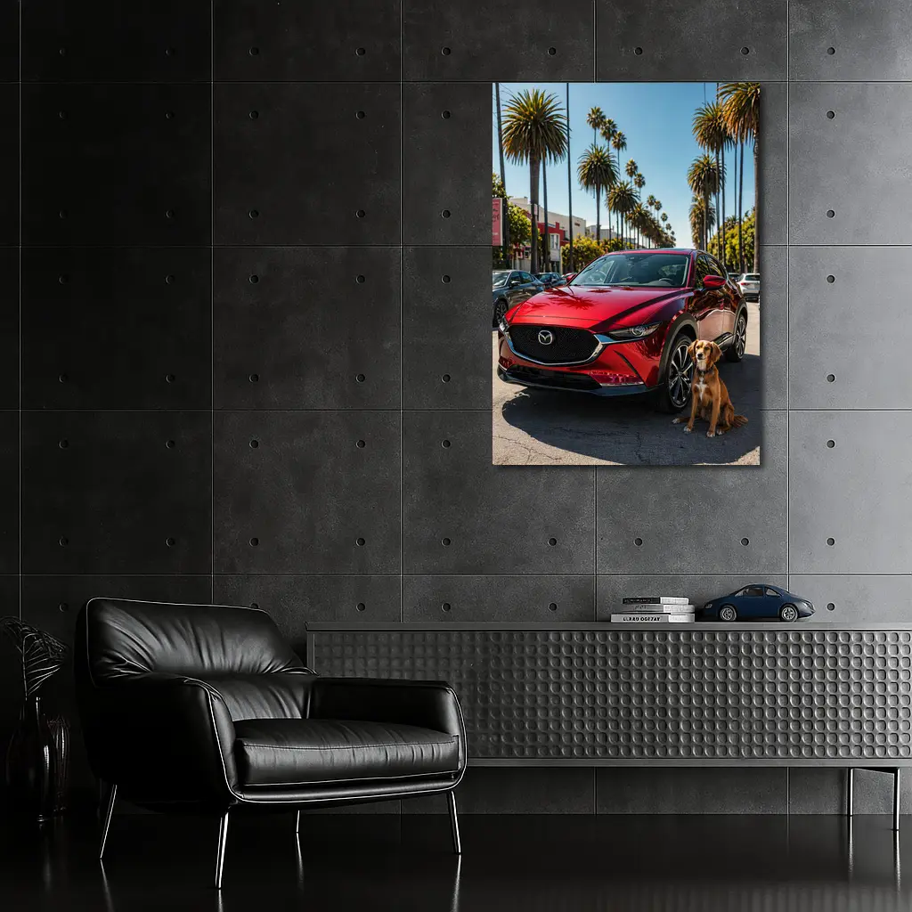 Red Mazda CX30 With Dog Palm Trees – Wall Art