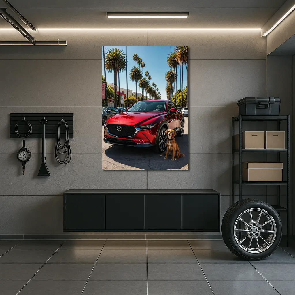 Red Mazda CX30 With Dog Palm Trees – Wall Art
