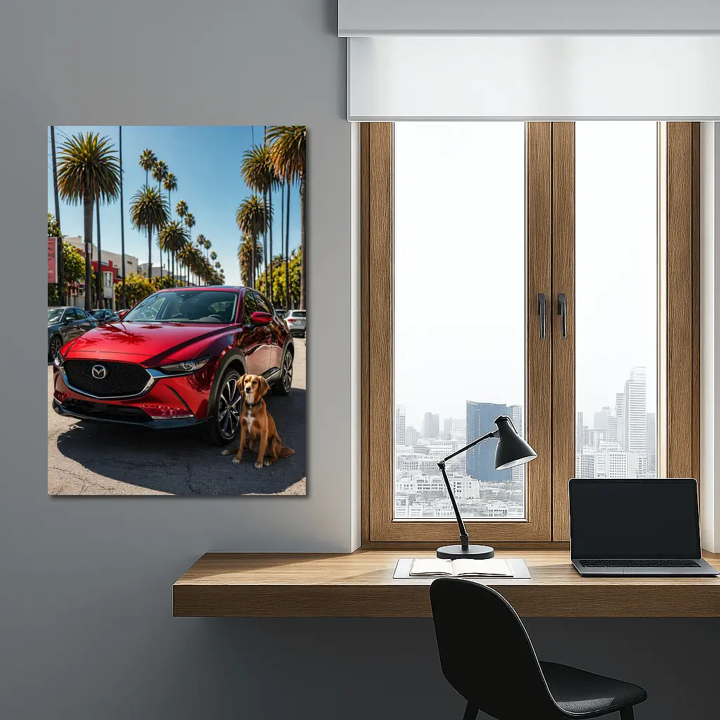 Red Mazda CX30 With Dog Palm Trees – Wall Art