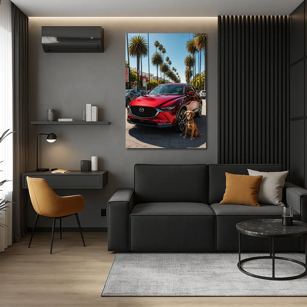 Red Mazda CX30 With Dog Palm Trees – Wall Art