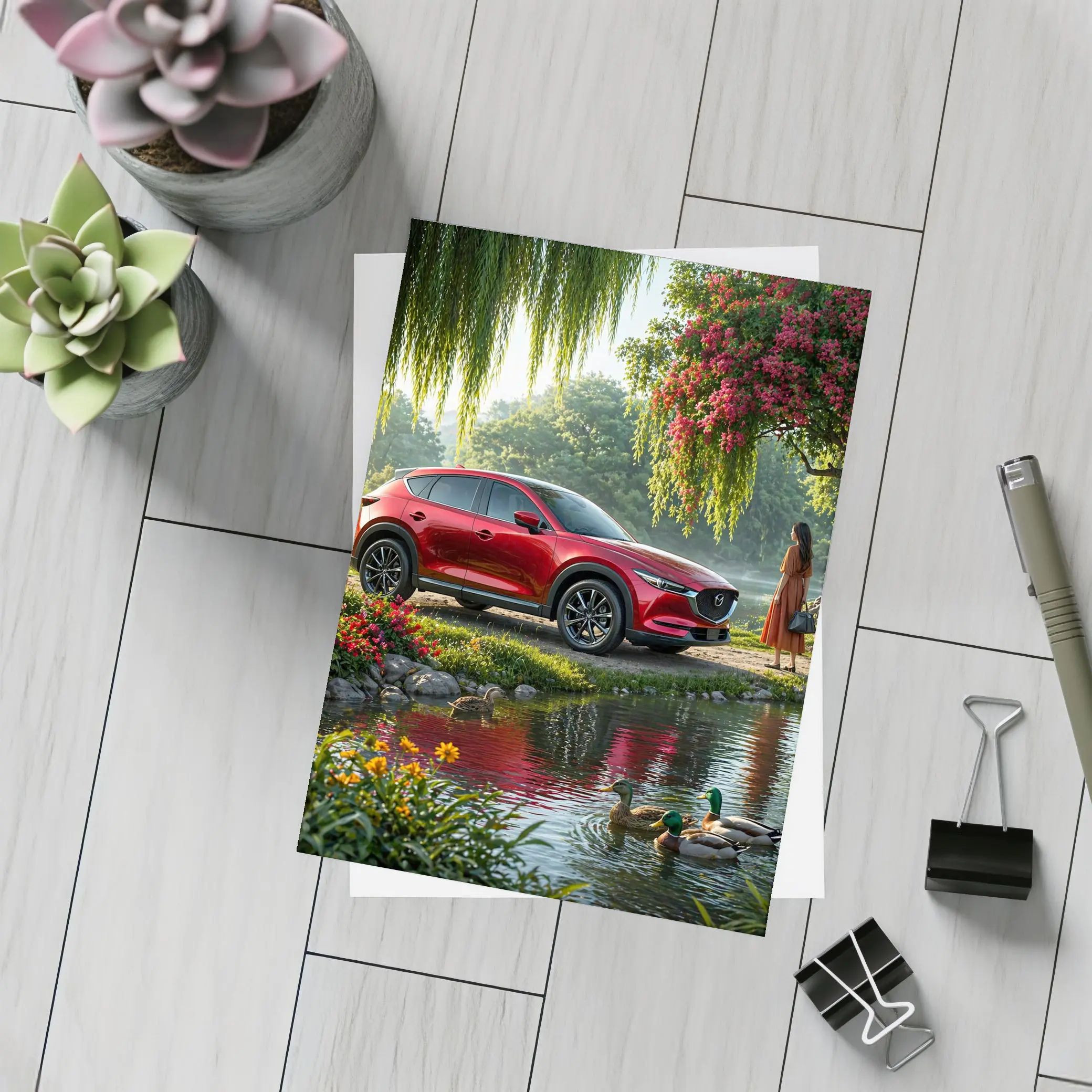 Mazda CX Five Red SUV by River – Postcards