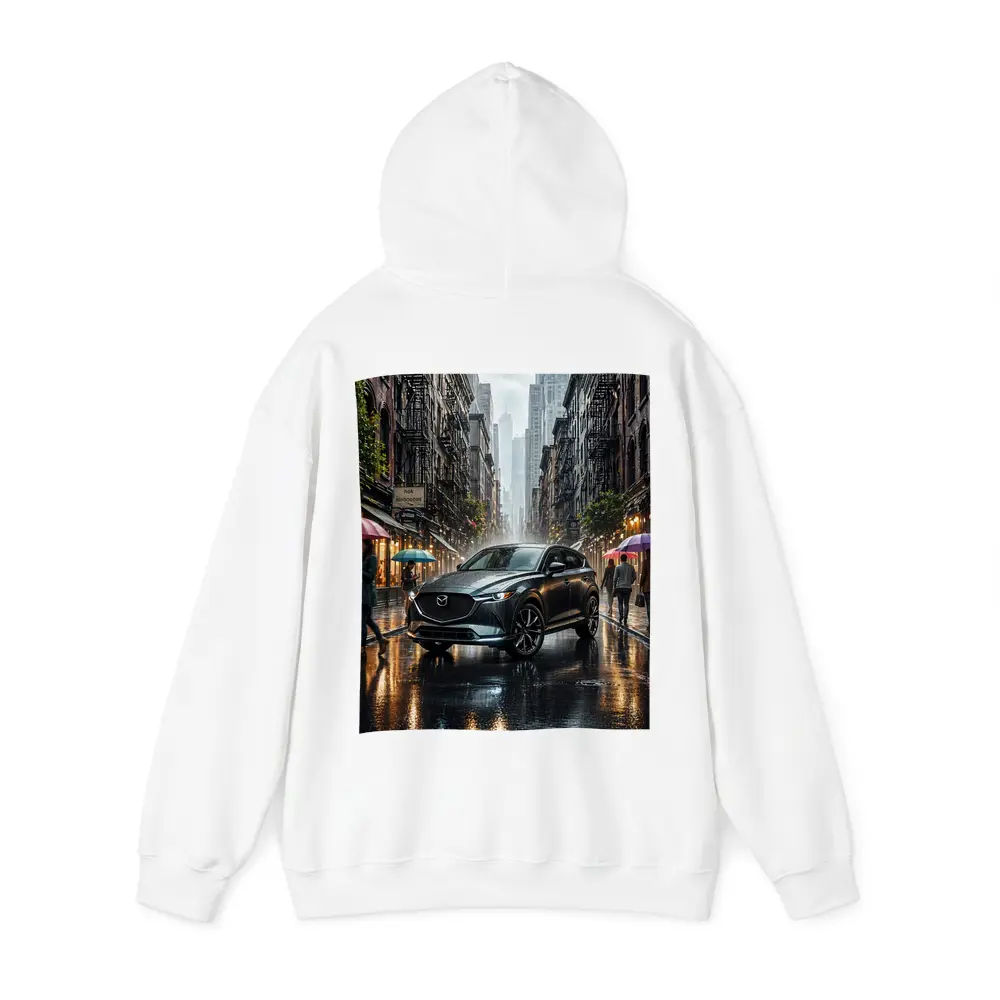 Mazda CX-9 Rainy City Street Scene – Hoodies