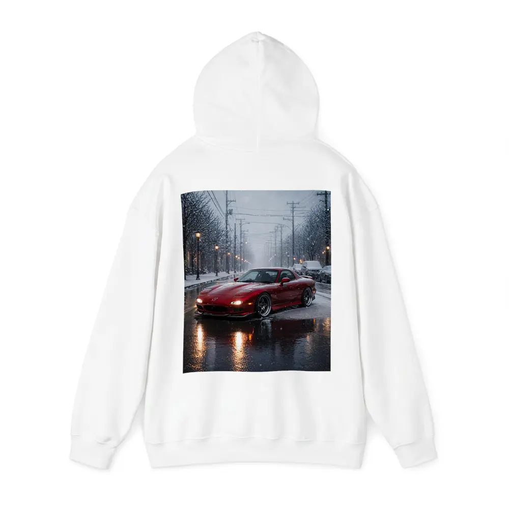 Mazda RX7 Red Sports Car Snowy Street – Hoodies