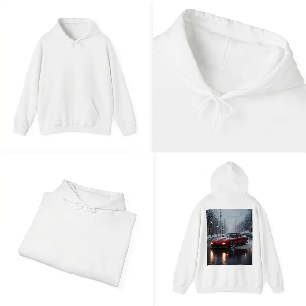 Mazda RX7 Red Sports Car Snowy Street – Hoodies
