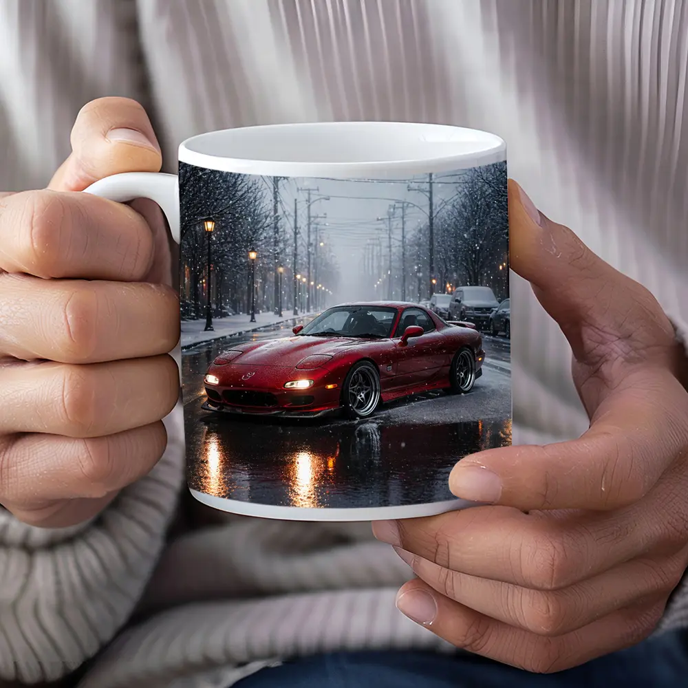 Mazda RX7 Red Sports Car Snowy Street – Mugs