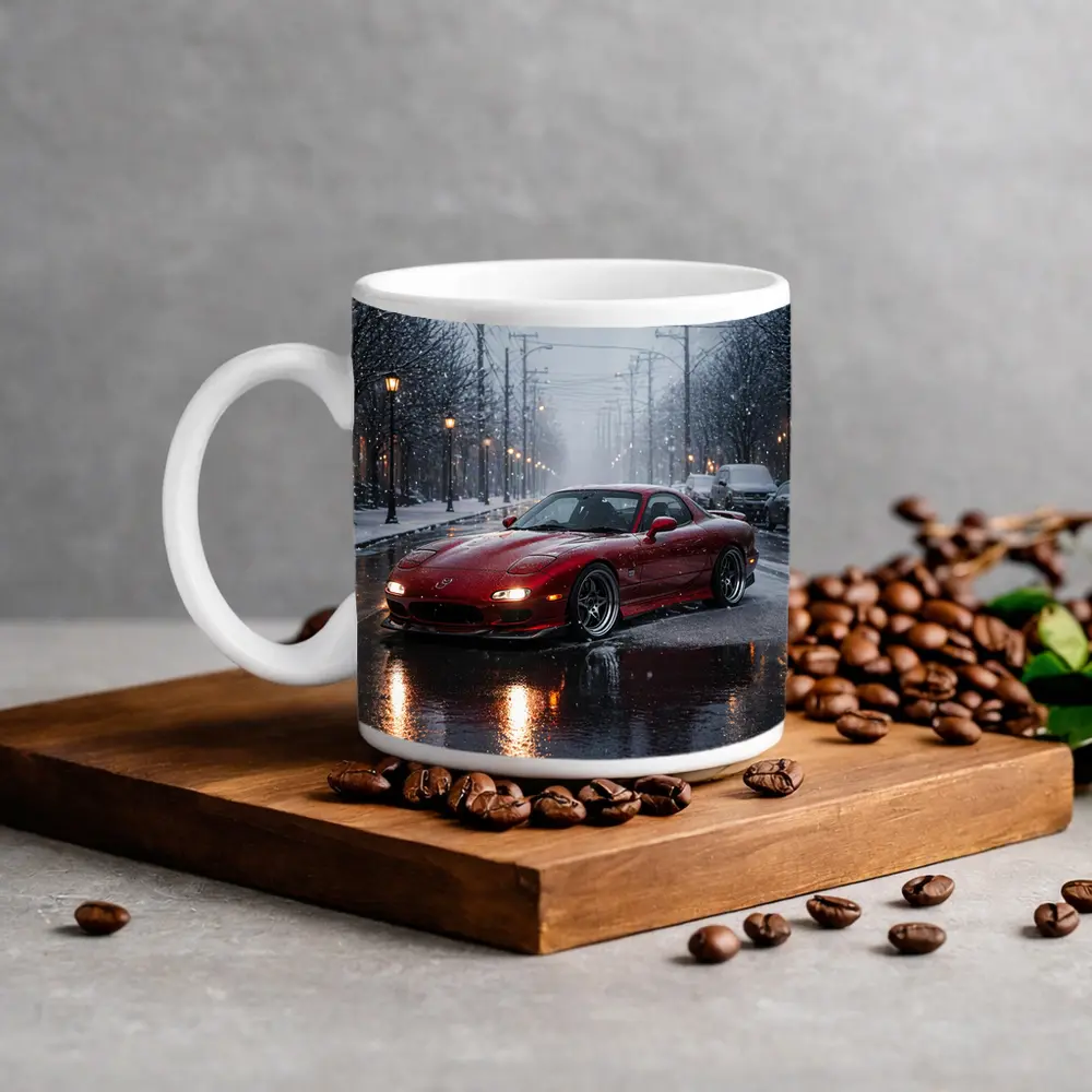 Mazda RX7 Red Sports Car Snowy Street – Mugs
