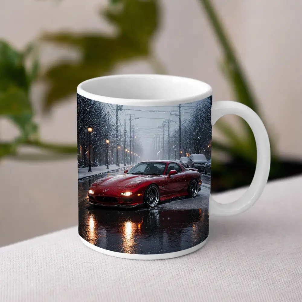 Mazda RX7 Red Sports Car Snowy Street – Mugs