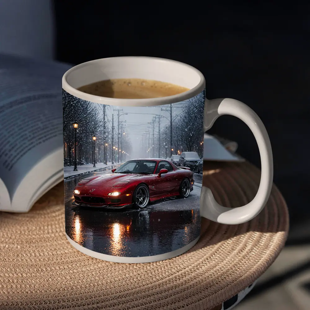 Mazda RX7 Red Sports Car Snowy Street – Mugs